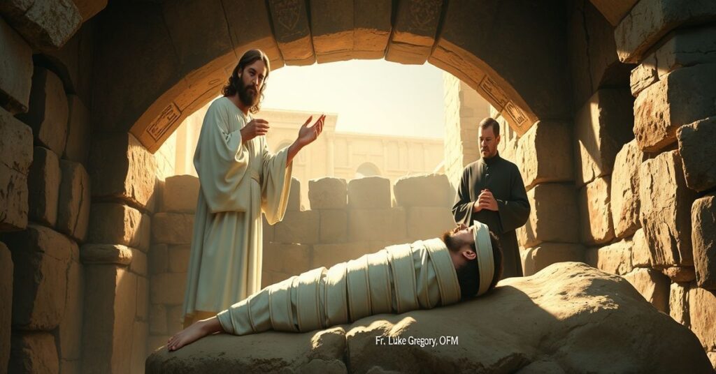 A solemn depiction of Jesus raising Lazarus from the dead, contrasting traditional Catholic faith with modernist heresy.