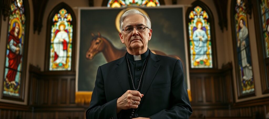 Portrait of Jim Hughes in a Catholic church setting, reflecting the tension between natural virtue and supernatural faith in the pro-life movement.