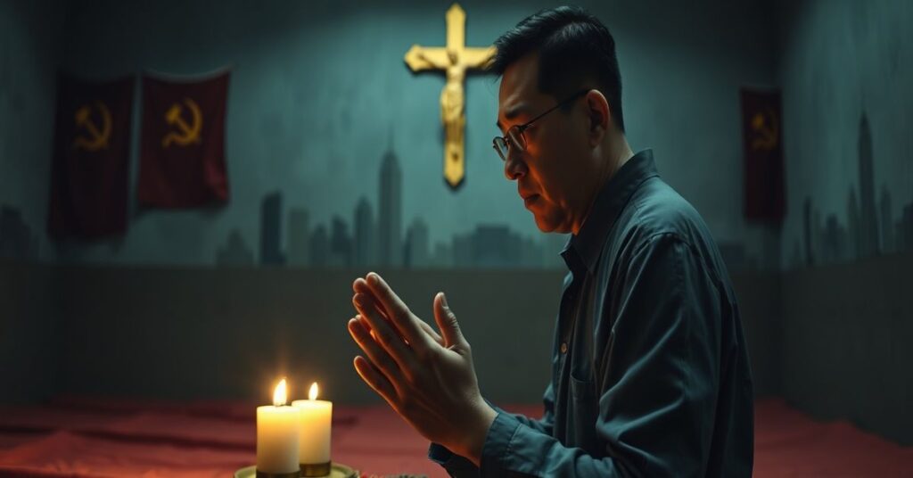Portrait of Catholic businessman Jimmy Lai in prison, kneeling in prayer with rosary beads, surrounded by dim lighting and traditional Catholic iconography.