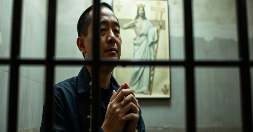 Jimmy Lai praying in prison cell with crucifix and rosary, symbolizing faithful martyrdom against communist oppression