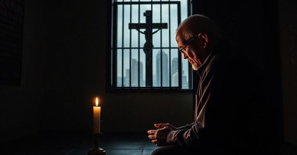Jimmy Lai kneeling in prayer before a crucifix in a prison cell, holding a rosary, with Hong Kong's skyline visible through the bars.