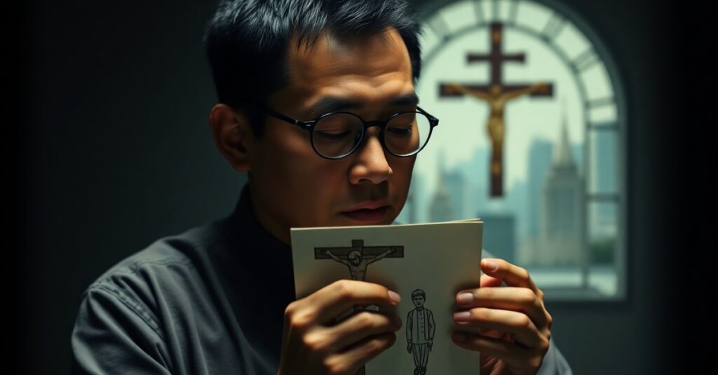 Jimmy Lai in solitary confinement praying with a hand-drawn Crucifixion sketch, juxtaposed with Cardinal Stephen Chow in a modernist church.