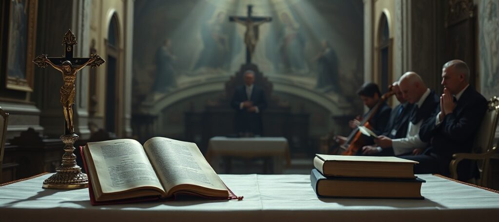 A solemn Catholic image contrasting Josef Pieper's philosophy with the conciliar sect's false humanism, featuring traditional Catholic symbols and a critique of modernist apostasy.