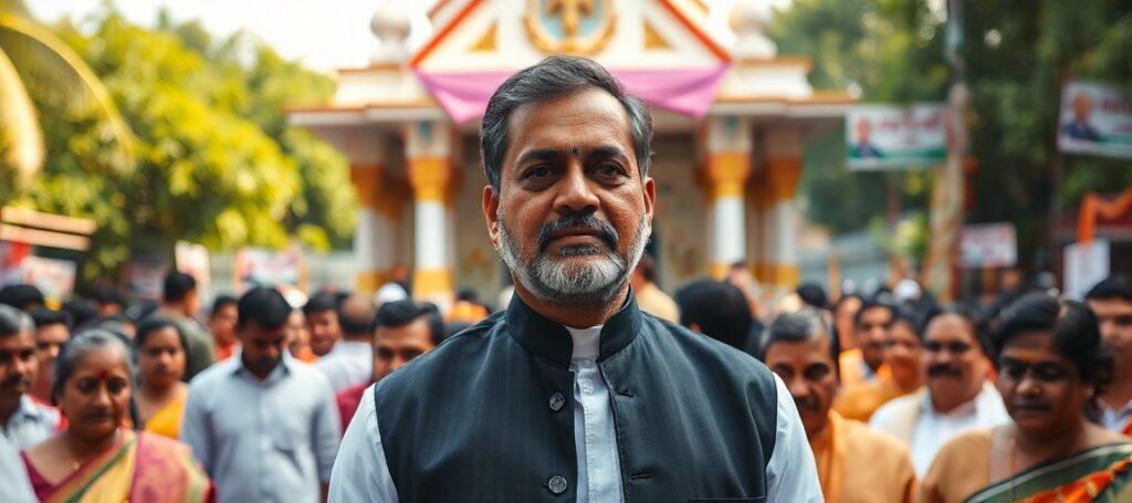 Joseph Vijay, Catholic Chief Minister of Tamil Nadu, standing solemnly before the Vailankanni Marian shrine amidst a crowd of devotees.