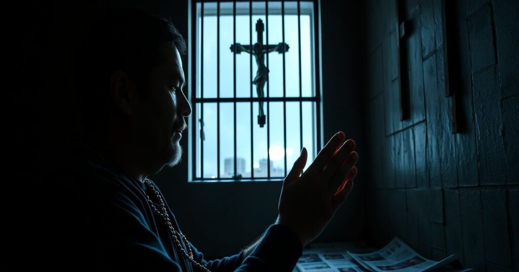 Juan Pablo Guanipa praying in a prison cell with a rosary and crucifix.