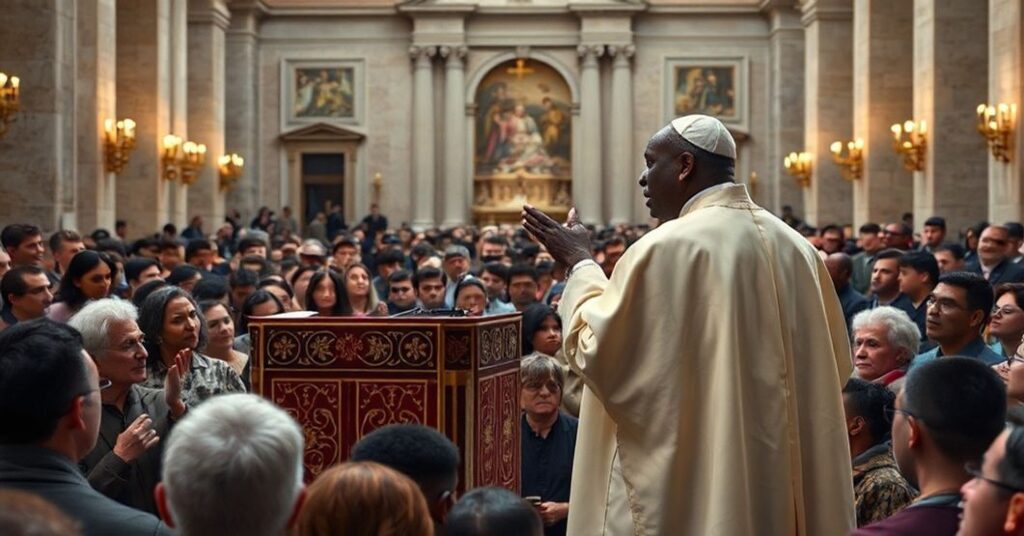 Antipope Leo XIV and former inmate Joshua Stancil at a conciliar 'Jubilee for Prisoners' in St. Peter's Basilica, highlighting the Modernist abandonment of sacramental penance.