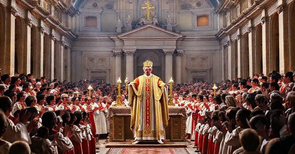 Counterfeit Pope Leo XIV (Robert Prevost) leads a Jubilee Mass in St. Peter's Square with choirs performing modern liturgical singing in 2025.