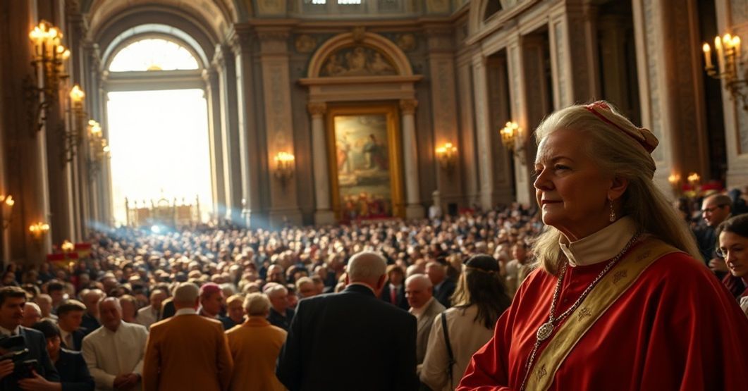 A solemn scene inside St. Peter's Basilica during the counterfeit jubilee, showing a large crowd passing through the false Holy Door under the usurper Leo XIV.