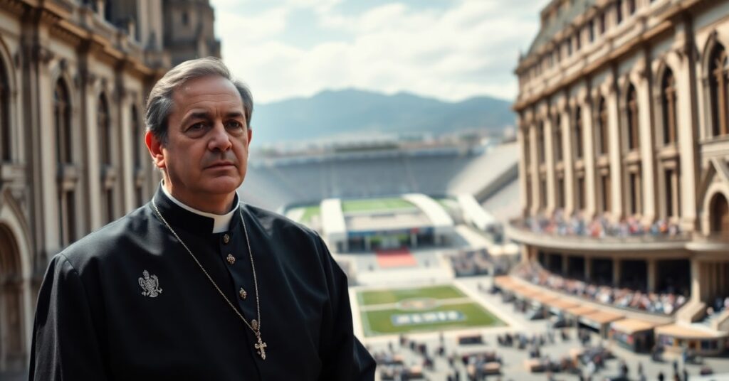 Portrait of Jules Rimet in Catholic attire before a cathedral and stadium, symbolizing the conflict between faith and worldly unity.