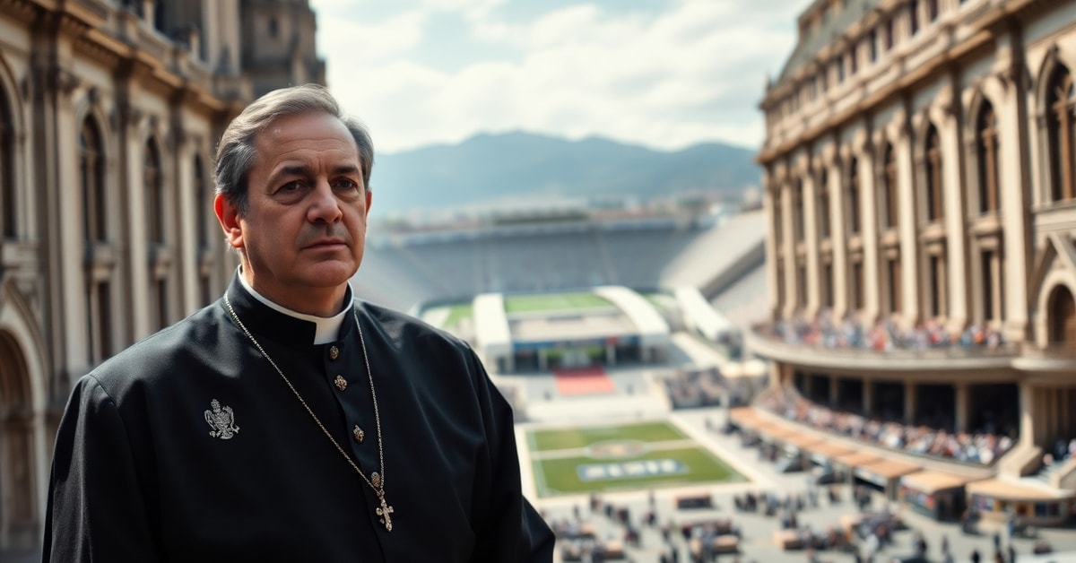 Portrait of Jules Rimet in Catholic attire before a cathedral and stadium, symbolizing the conflict between faith and worldly unity.