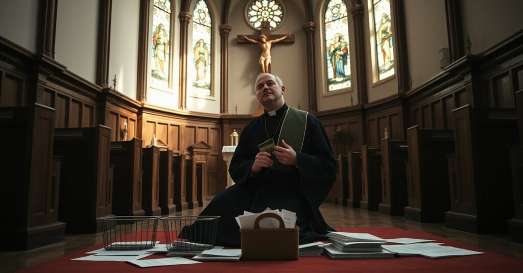 Catholic church interior showing embezzling priest in Roman cassock surrounded by financial documents and empty collection baskets under stained-glass windows
