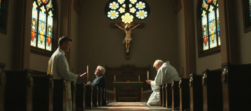 Robert F. Kennedy Jr. speaking against assisted suicide in a Catholic church setting with a crucifix and elderly person praying beside a priest.