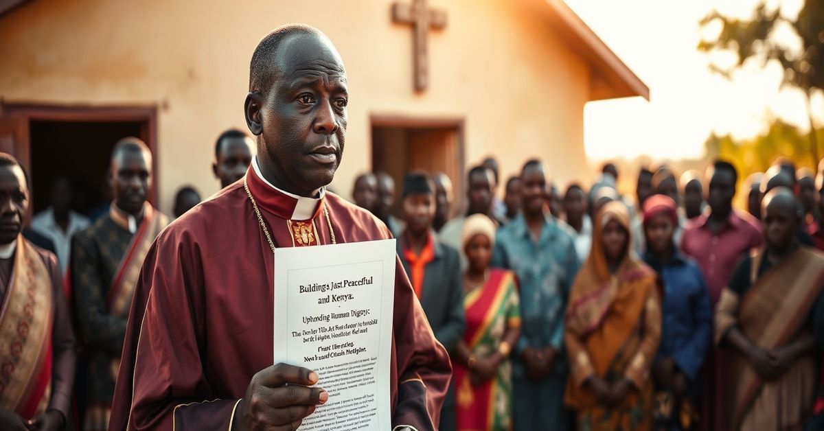 A Kenyan bishop in liturgical vestments addresses a crowd outside a modest church under an African sun.