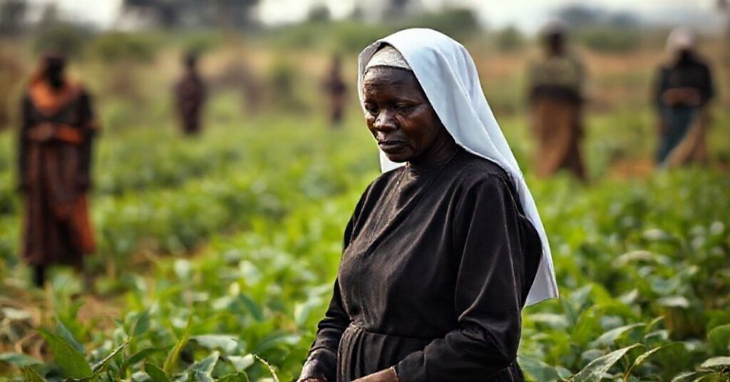 A Kenyan nun in traditional habit tends to crops on a farm, symbolizing the spiritual emptiness of modernist Catholic initiatives.