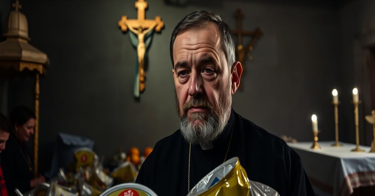 Catholic priest in Kherson providing humanitarian aid amid drone strikes, highlighting the absence of Christ's Kingship in modernist rhetoric.