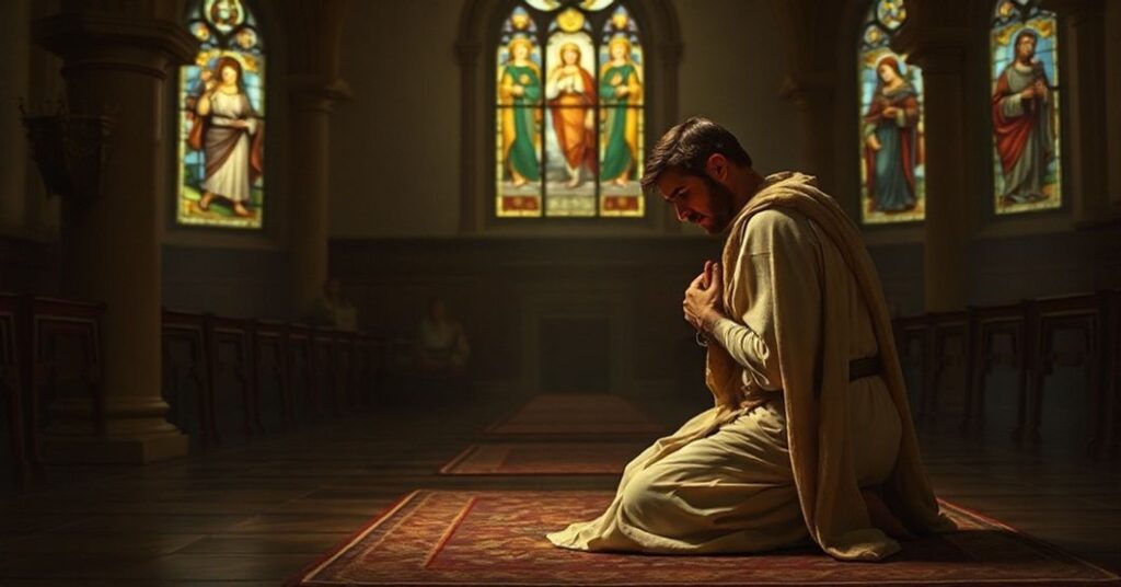 A reverent Catholic depiction of King David in repentance before God, highlighting his sins and redemption.