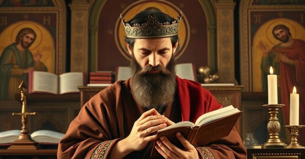 A reverent portrait of King David in traditional Catholic style, emphasizing his prophetic and liturgical role.