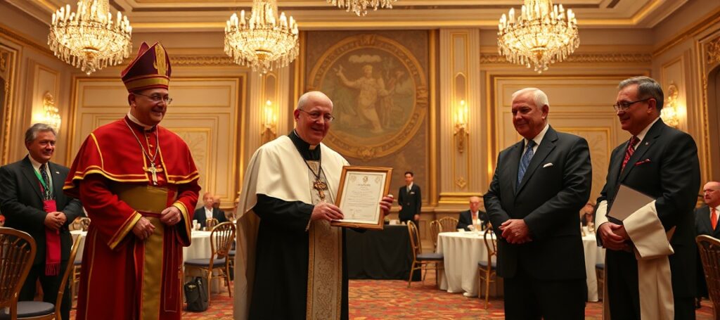 Supreme Knight Patrick E. Kelly receiving the Path to Peace Award at a gala in New York, surrounded by conciliar dignitaries in a grand ballroom setting.