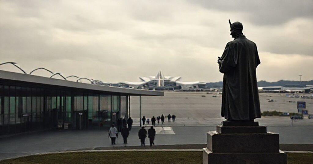 A solemn image depicting Knock Shrine Airport and the materialistic conciliar infrastructure surrounding it.