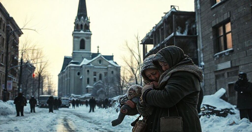 A somber depiction of a frozen Kyiv street with civilians huddling together for warmth near a damaged building, reflecting suffering and divine intervention.