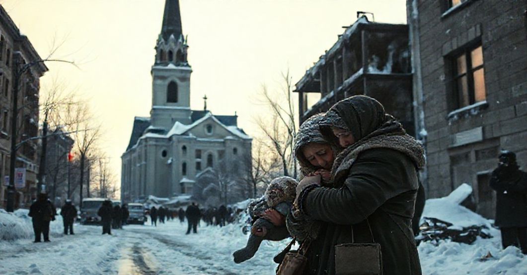 A somber depiction of a frozen Kyiv street with civilians huddling together for warmth near a damaged building, reflecting suffering and divine intervention.