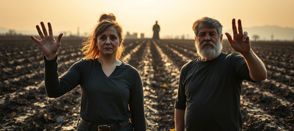 Volunteers Michele Pannella and Alessandro Cannavacciuolo stand in a contaminated field in Acerra, Italy's 'Land of Fires,' pleading for justice amid environmental devastation.