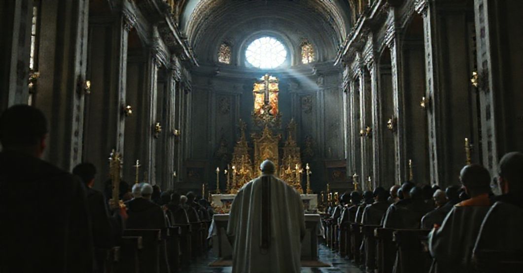 A somber depiction of the Lateran Basilica during a sacrilegious Novus Ordo service led by antipope Bergoglio (Leo XIV), highlighting liturgical abuses and pagan symbols within the sacred space.