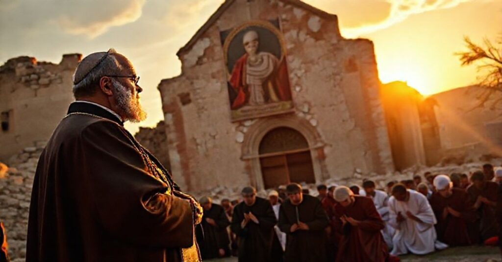 A solemn Catholic priest in traditional vestments stands before a crumbling Lebanese church, reflecting the false hope of Lebanese Catholics in Leo XIV's visit.