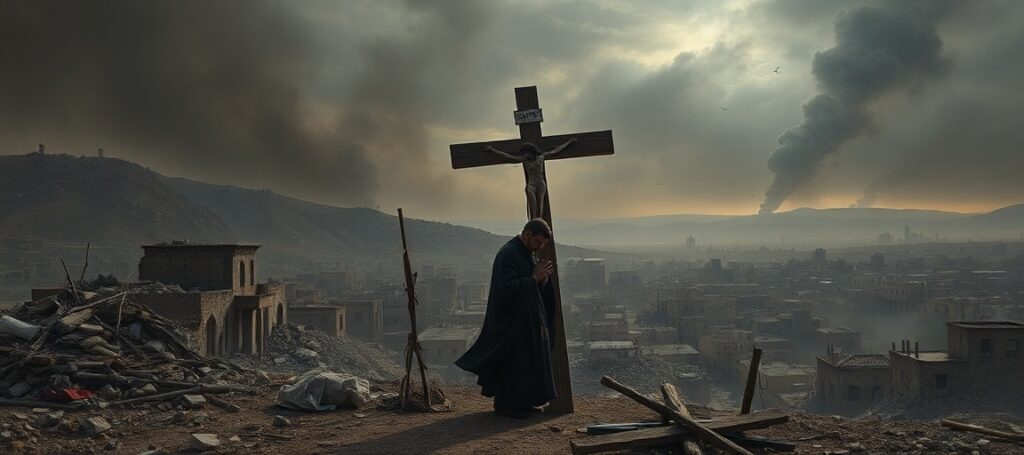 A realistic depiction of war-torn Lebanon, highlighting civilian suffering and the absence of Christ's reign over nations.