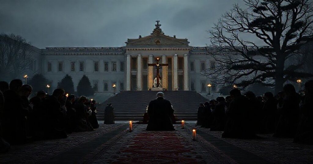 Solemn image of Lebanese Presidential Palace with Maronite faithful praying before a crucifix during Advent, contrasting with secular backdrop and barren cedar tree.