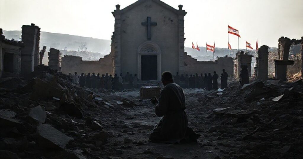 A priest kneels in prayer before a ruined Lebanese Catholic church, symbolizing the persecution of Christians amidst Lebanon's crisis.