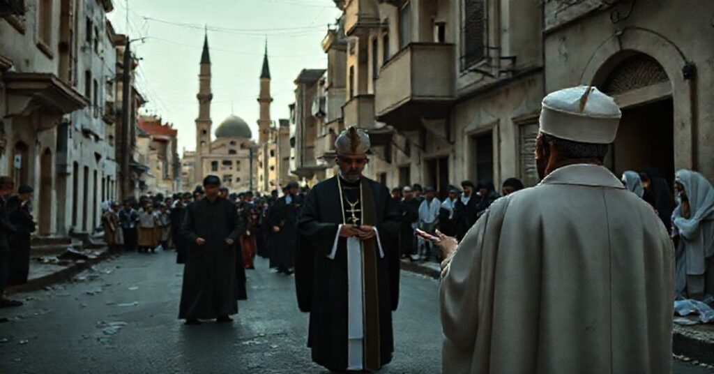 A reverent depiction of Lebanon's spiritual crisis with antipope Leo XIV and Oumayma Farah amidst modernist exploitation.