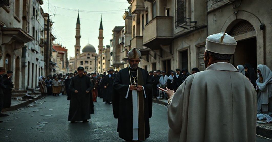 A reverent depiction of Lebanon's spiritual crisis with antipope Leo XIV and Oumayma Farah amidst modernist exploitation.