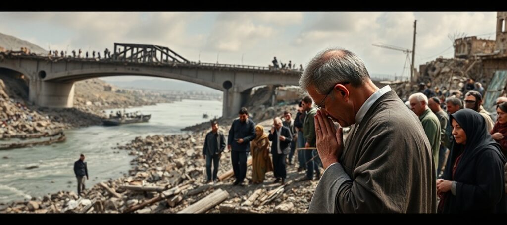 A priest prays over displaced Christian families amid the destruction of Lebanese villages after Israeli airstrikes in 2026.