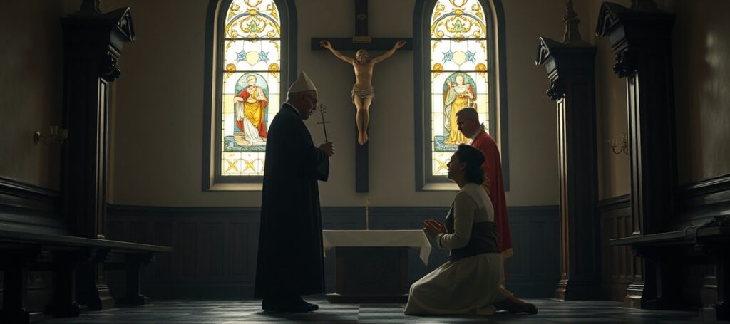 A devout Catholic woman kneels in prayer before Christ the King while an antipope and modernist priest stand in the background—symbolizing the betrayal of true Catholic tradition by conciliar corruption.