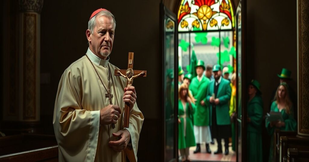 A solemn Catholic priest in a church during Lent, contrasting with revelers celebrating St. Patrick's Day outside.