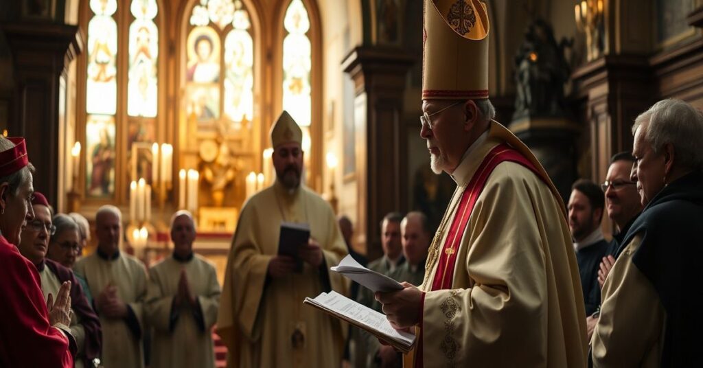 Antipope Robert Prevost and Bishop Erik Varden during a Lenten retreat in the Pauline Chapel, focusing on Modernist spirituality.