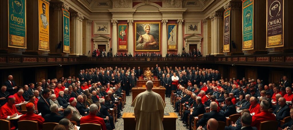 Vatican Synod Hall with Leo XIV and AI executives discussing Magnifica humanitas encyclical.