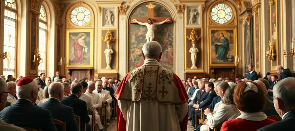 Usurper Robert Prevost as 'Pope Leo XIV' addressing an AI conference at the Vatican, emphasizing digital humanism over supernatural mission.