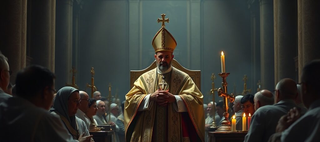 A somber depiction of Robert Prevost (Leo XIV) in a Vatican setting, symbolizing the spiritual crisis of the modernist conciliar sect.