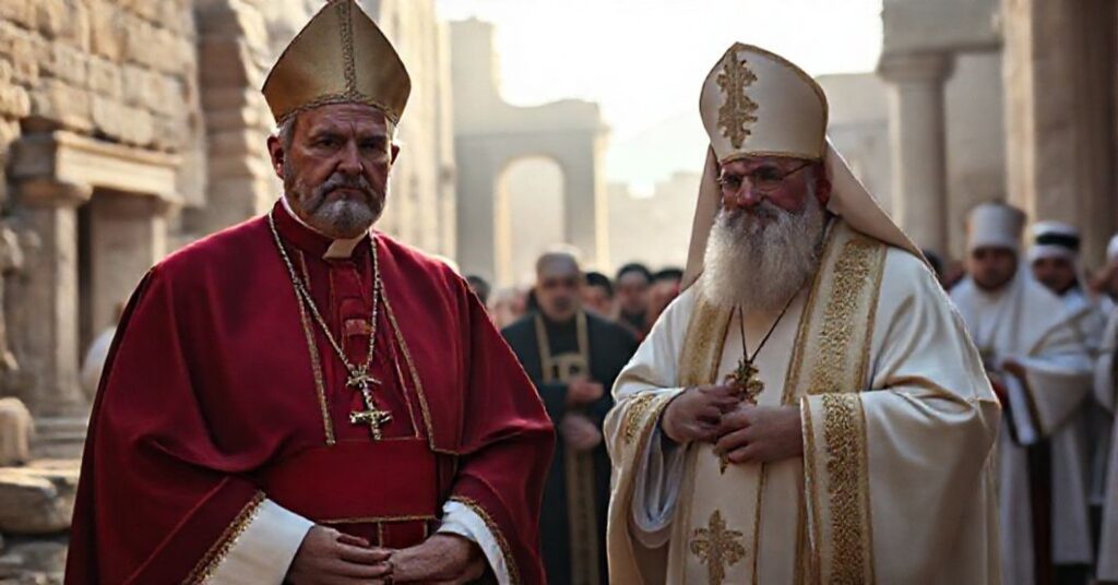 Antipope Leo XIV and Ecumenical Patriarch Bartholomew at Nicaea, symbolizing the betrayal of Catholic dogma through ecumenical gestures.