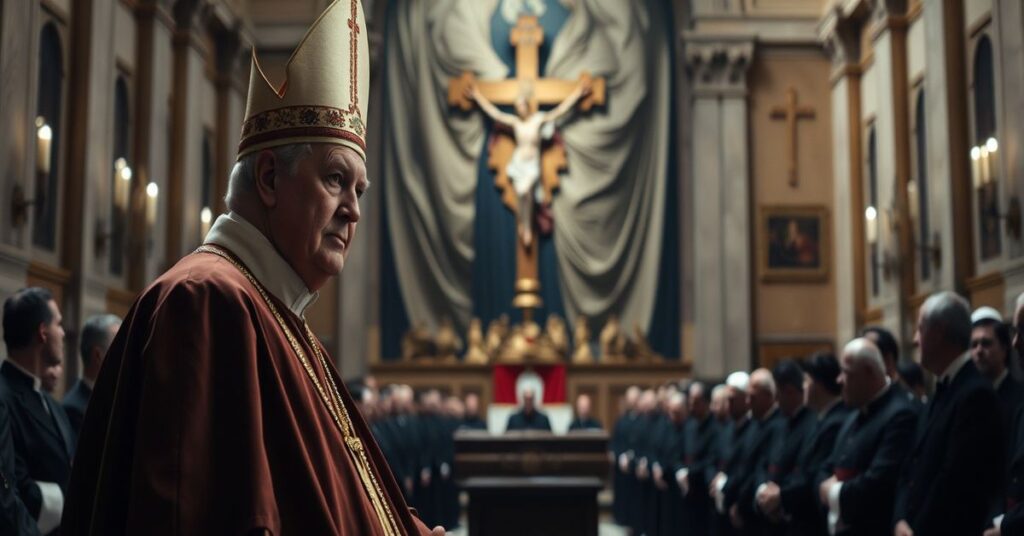 Antipope Leo XIV addressing a modernist Vatican tribunal hall, symbolizing conciliar apostasy and naturalistic justice.