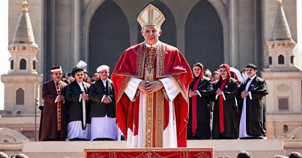 A solemn depiction of antipope Leo XIV at an interfaith gathering in Beirut, highlighting the tension between Catholic doctrine and syncretic messages.