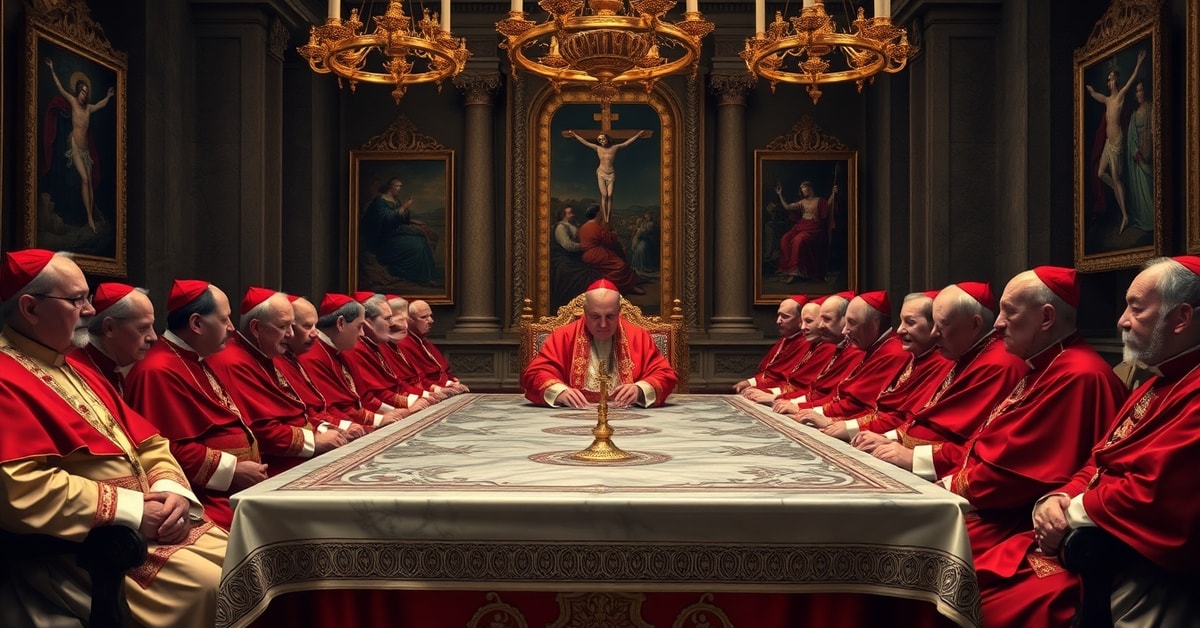 Solemn Vatican consistory scene with Pope Leo XIV and cardinals in traditional attire during a controversial meeting in St. Peter's Basilica, highlighting the absence of Christ the King and modernist deviations from Catholic doctrine.