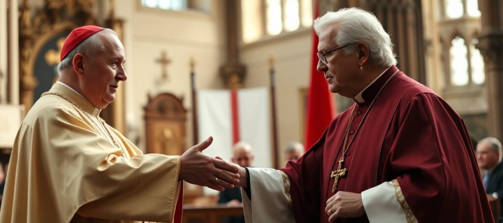 Leo XIV extends a hand to Anglican Archbishop Sarah Mullally in Canterbury Cathedral, symbolizing the heresy of ecumenism and denial of the Church's exclusive salvific mission.