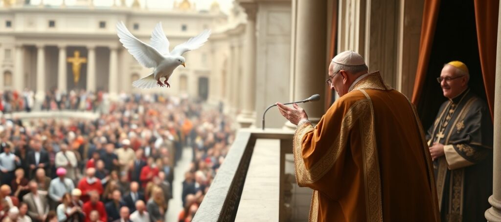 Leo XIV delivering a modernist address from the Vatican balcony, promoting a false fraternity devoid of Catholic truth.