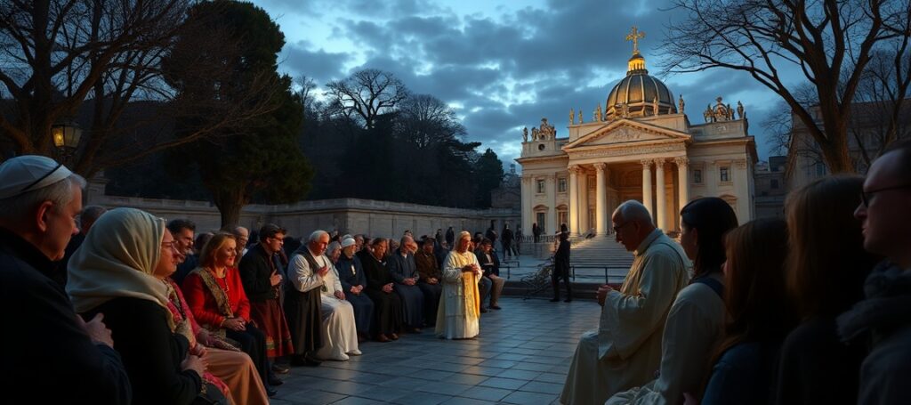 A critical depiction of Leo XIV leading a modernist Rosary for peace in the Vatican Gardens, highlighting doctrinal compromise and false spirituality.