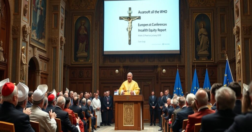 Pope Leo XIV addressing an audience in Vatican hall promoting WHO health equity agenda