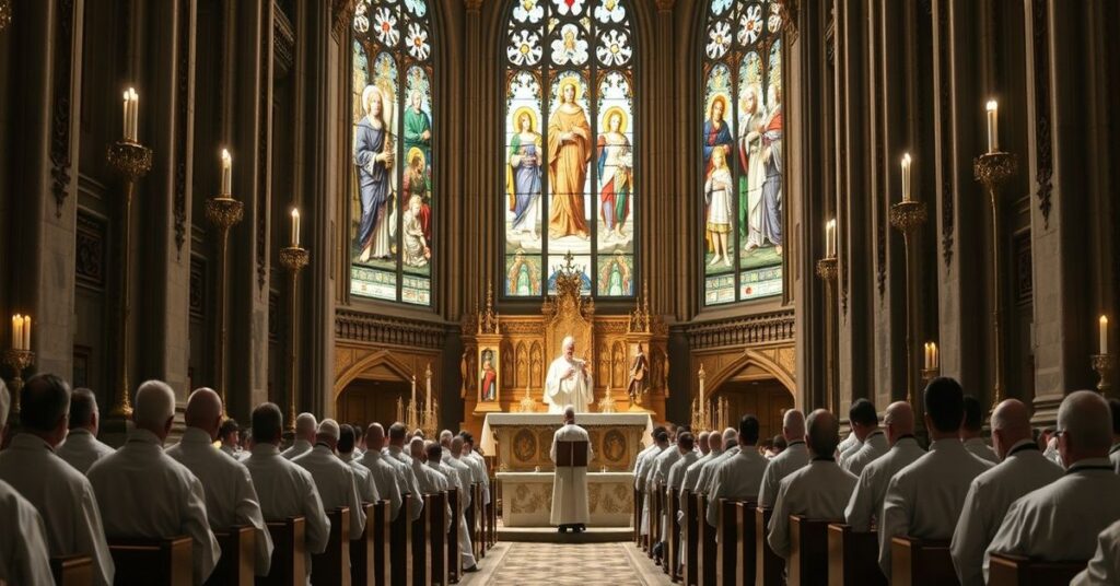 Chrism Mass with Leo XIV delivering a homily in a traditional Catholic cathedral.