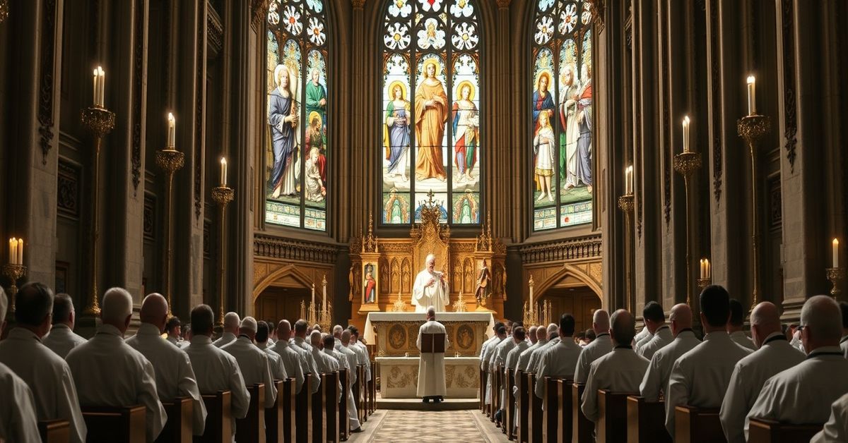 Chrism Mass with Leo XIV delivering a homily in a traditional Catholic cathedral.